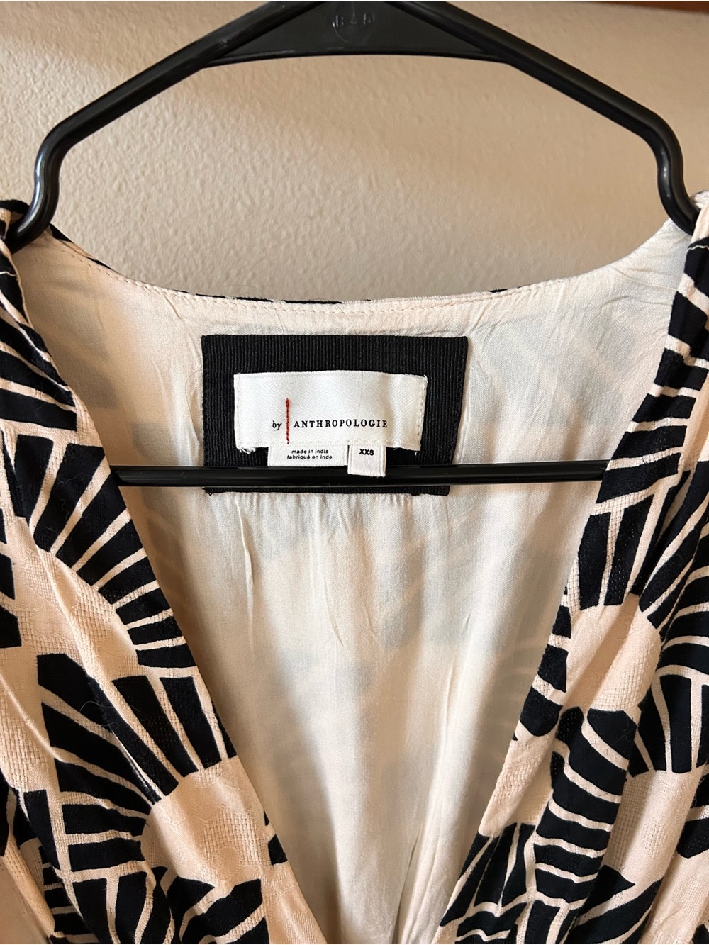 Anthropologie Black & Cream Geometric V-Neck Midi Dress - Picture 2 of 6
